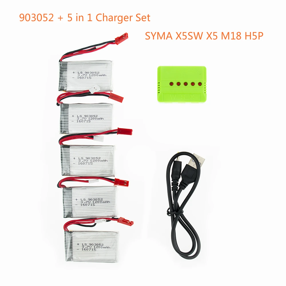 5pcs 3 7V 1200mAh 25C Drone Rechargeable Lipo Battery 903052 5 in 1 Charger Set For