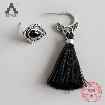 

S925 Thai Silver Vintage Romance Tassel Pave Rhinestone Black Onyx Earrings For Women