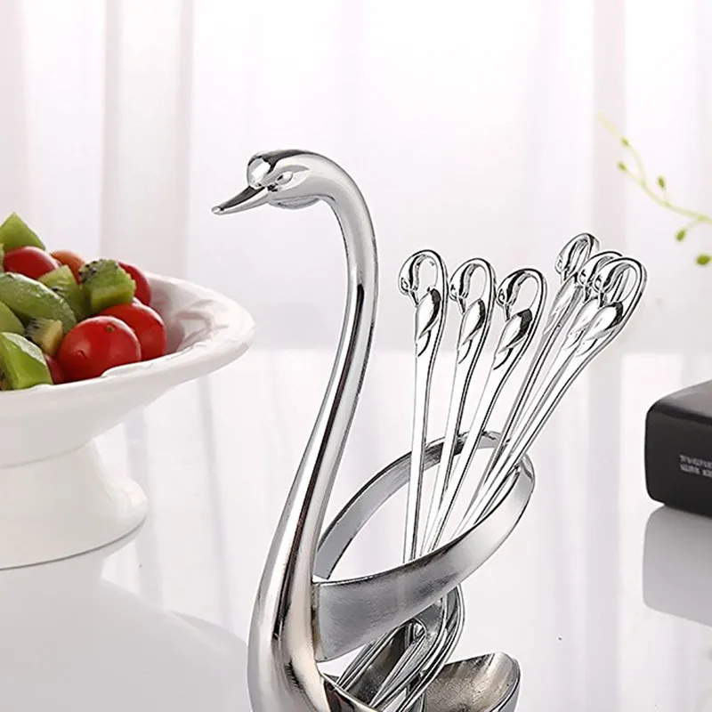 6Stainless Steel Fruit Fork & Spoon Swan Seat Coffee tea spoon Cutlery Set with 3pcs fork 3pcs spoon  Cutlery Decor