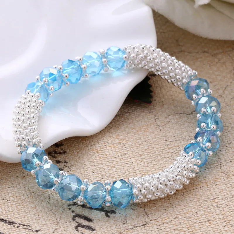 Delicate Candy Colors Beaded Elastic Bracelets For Women Silver Plated