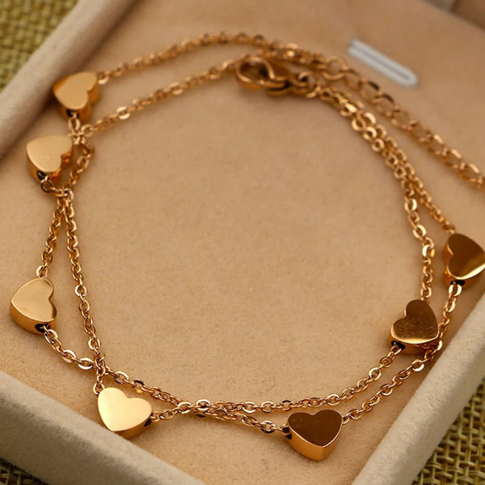 Hot Sale Fashion Double Chain Anklet Heart Pendant Foot Chain Simple