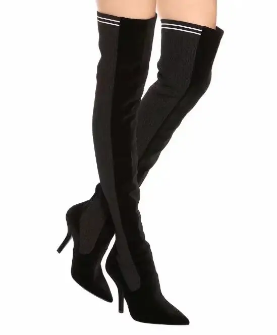Cuir Noir Nouvelle Grande 100mm long Femmes Marque long Le Rouge Talons En Pointu Bottes Mince Cuisse Rockoko Taille Genou short Haute Bout Velours short Glissent Sur Long nYqYwRrE