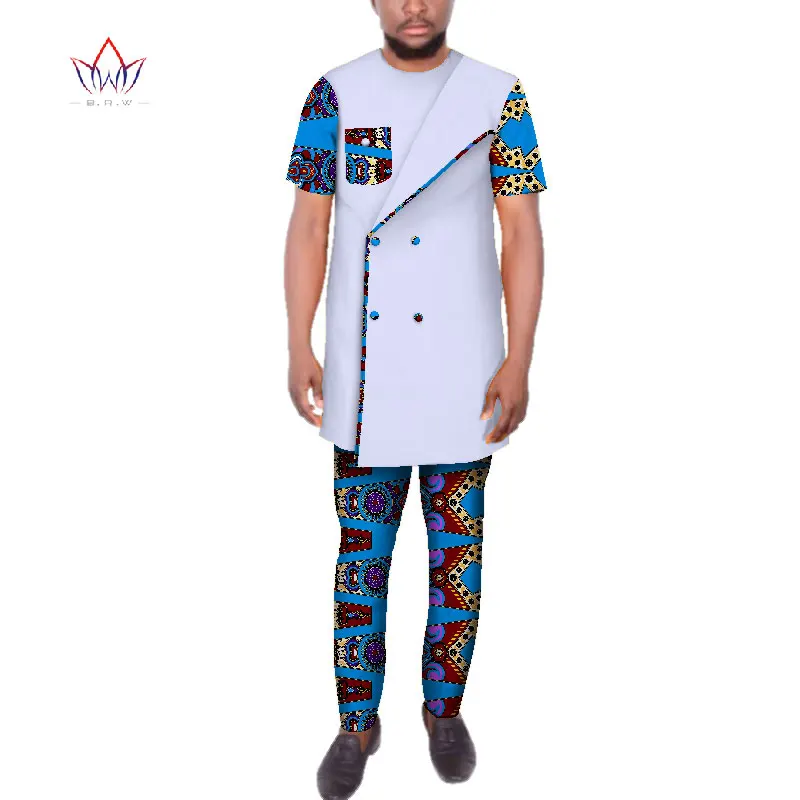 Дашики Мужская африканская одежда двубортный топ рубашки и брюки наборы Базен Riche африканская одежда мужские 2 шт брюки наборы WYN93