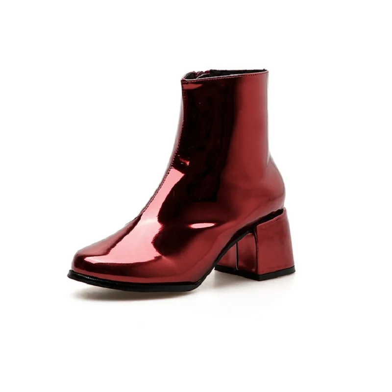 

2018 autumn patent leather wild round head thick with foreign trade side zipper women's booties red 0109