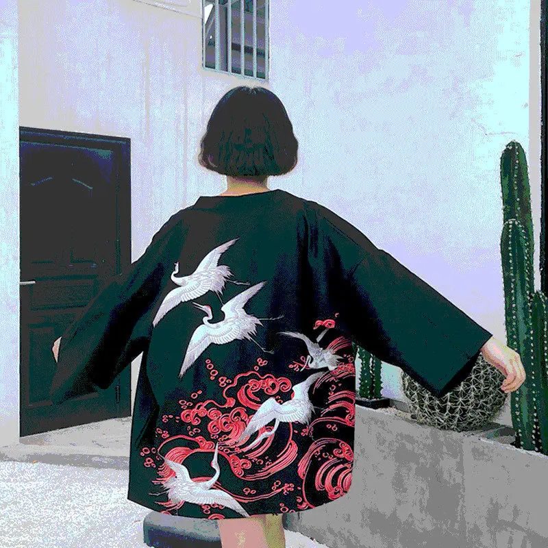 

Japanese Kimono Sun Protection Crane Print Chiffon Blouse Women Summer Tops 2019 Harajuku Loose Girls Kimono Cardigan Shirts