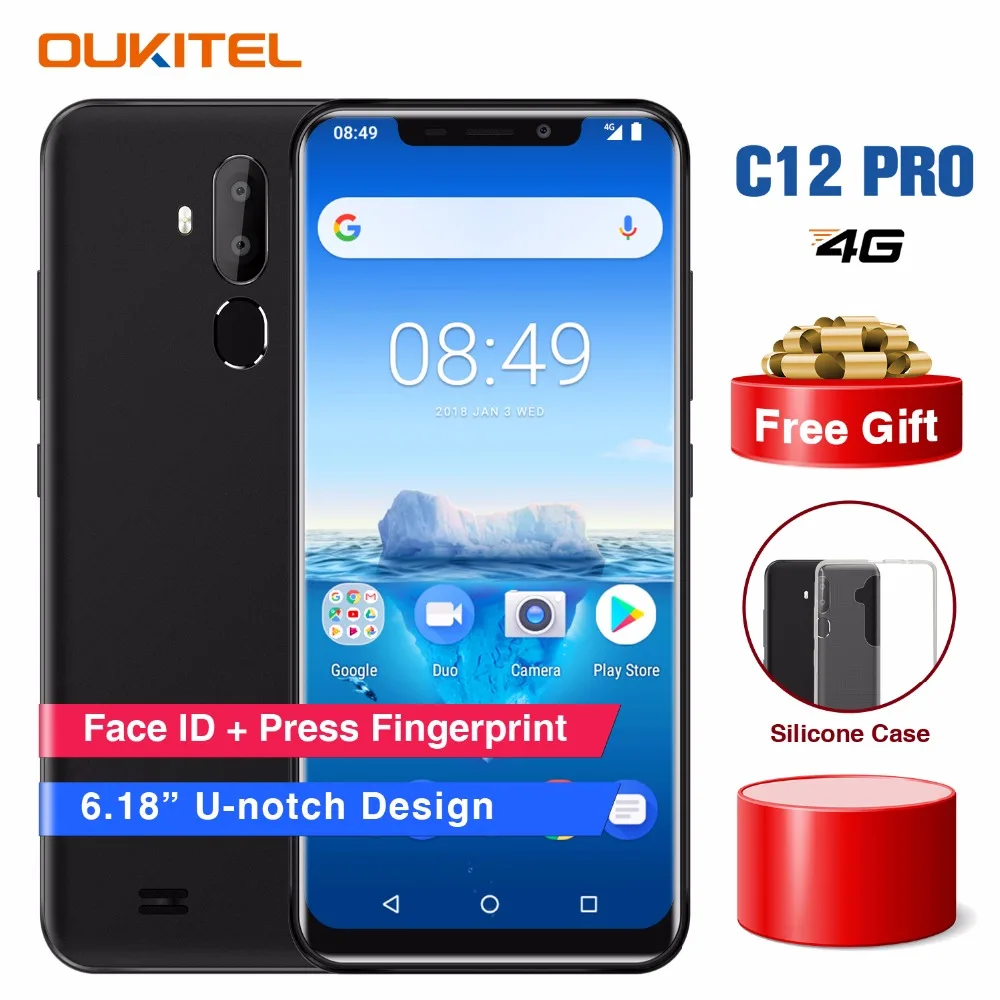 

Oukitel C12 Pro Face ID 6.18 Inch 19:9 U-notch Display Android 8.1 2GB RAM 16GB ROM MT6739 3300mAh Battery 8MP+5MP 4G Smartphone