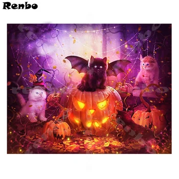 

5D Diamond Embroidery Halloween pumpkins with cats DIY Diamond Painting Cross Stitch Full Drill Needlework Diamond Mosaic A740