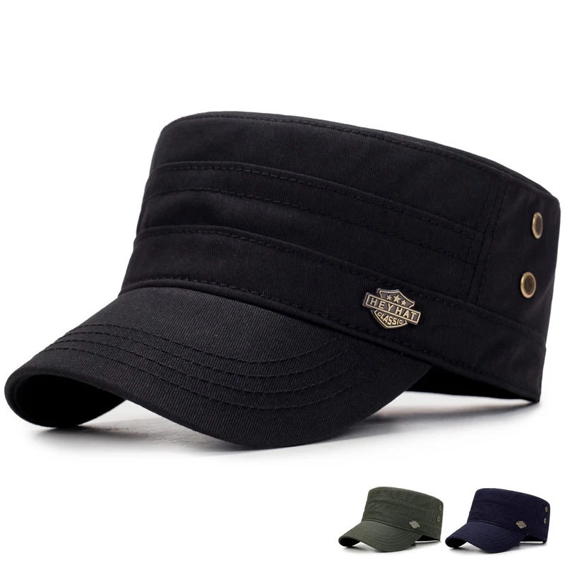 

Classsic Men Flat Hat Autumn Male Solid Caps Cotton Hat with Wide Brim Spring Wind Protcetion Hats Sweatband Military Cap New