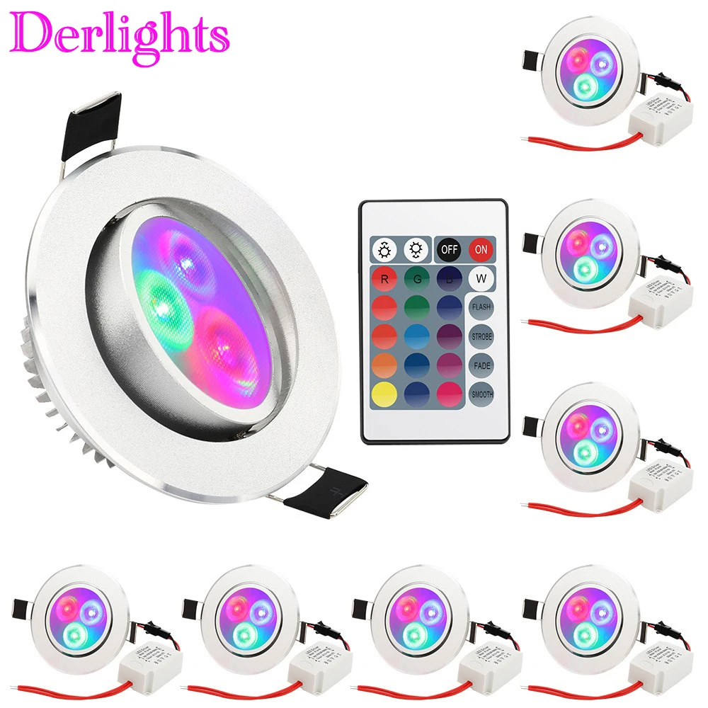 8PCS RGB LED Ceiling Lights Recessed Down Lamp Dimmable AC85~265V LED Spot Indoor Lighting With IR Romote Controller