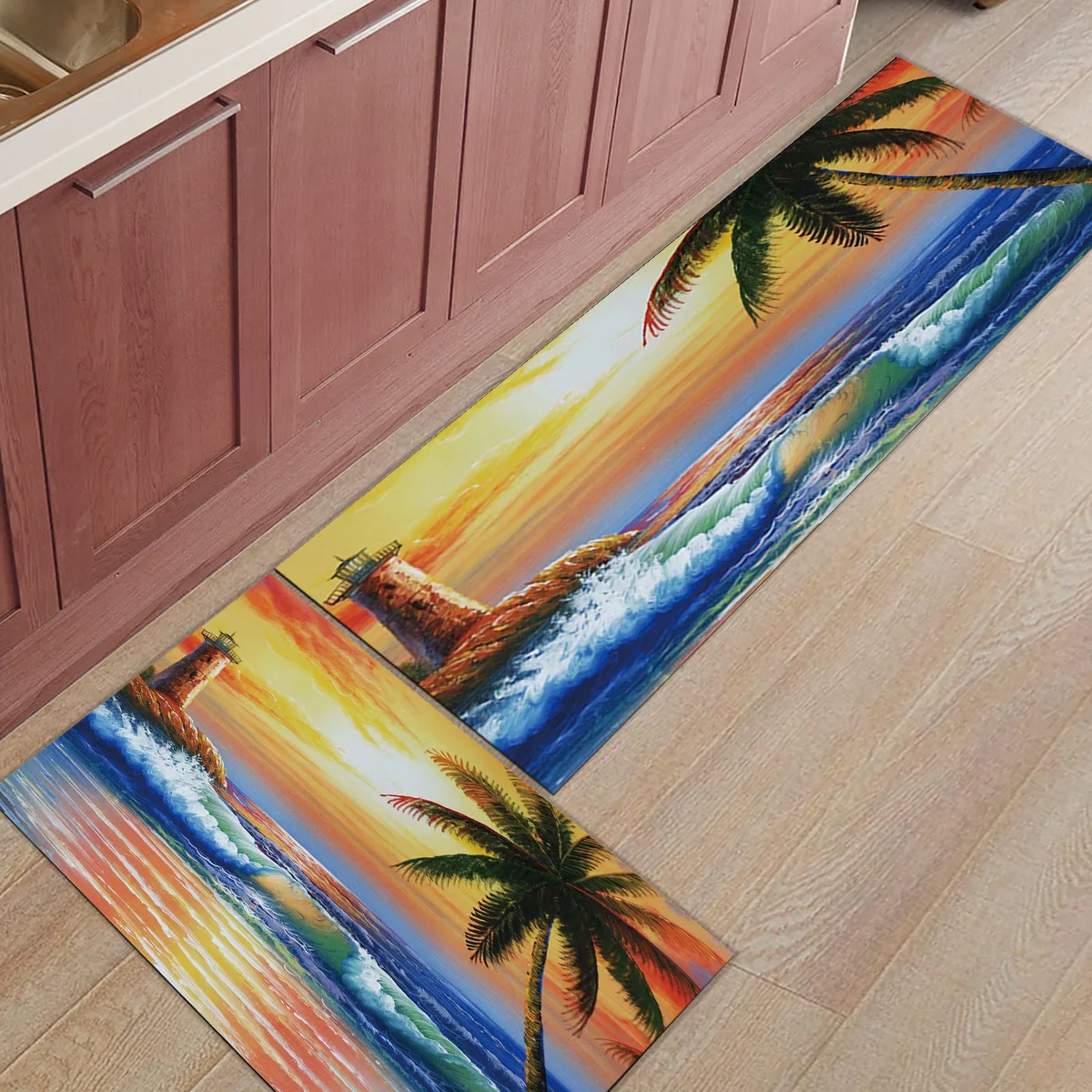 

Oil Painting Beach Coconut Tree Under A Pet Water Food Bowl Doormats For Entrance Way Bathroom Accessories Set Dirt Debris