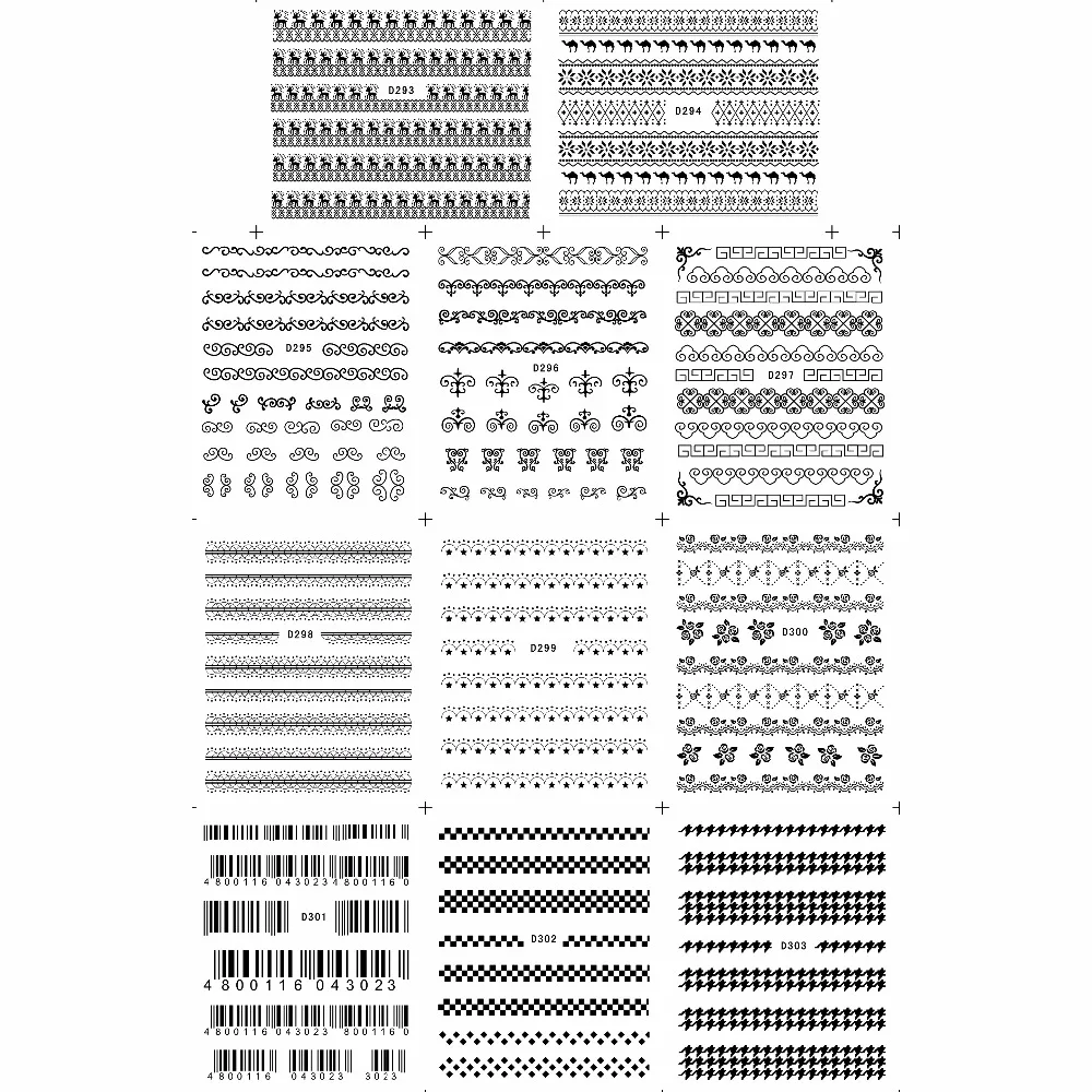11 упаковок/партия, наклейки на ногти, водные наклейки для ногтей, черный штрих-код, шахматная доска, D293-303K