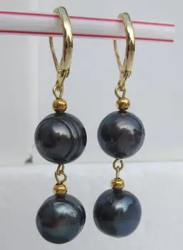 

12-11MM AAA BLACK TAHITIAN PEARL DANGLE EARRING 14k/20 YELLOW GOLD MARKED