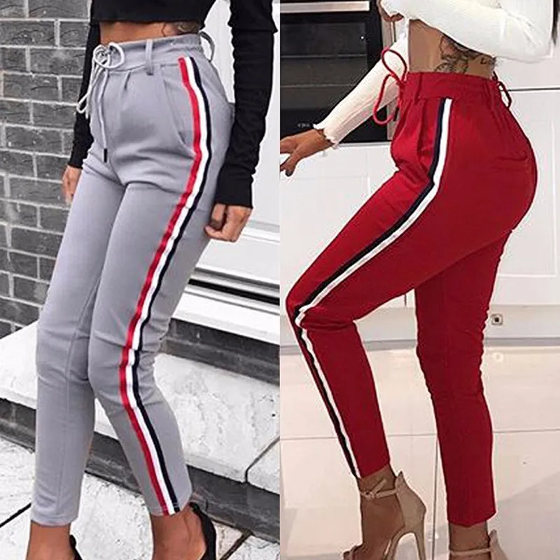 High Waist Women Fitness Sport Pants Drawstring Striped
