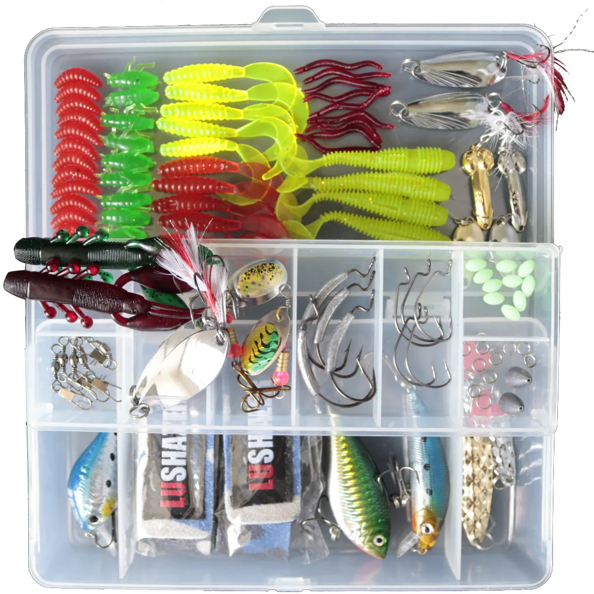 

105pcs/box Multi Fishing Lure Minnow/Popper/Wobbler Spoon Metal Lure Soft Bait Fishing Lure lead hooks Kit Isca Artificial bait