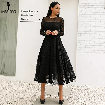 

Missord 2020 Sexy Long Sleeve o neck High Split Lace Solid Color Elegant Dress FT18350