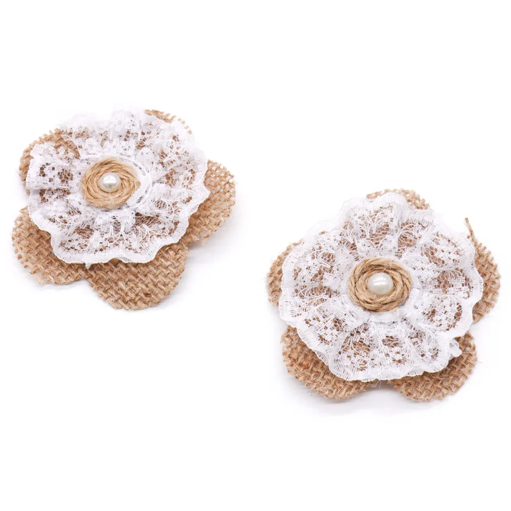 

50pcs/lot Handmade Jute Hessian Pearl Burlap Flower With Lace Rose Hat DIY Craft Rustic Vintage Christmas Wedding Decoration
