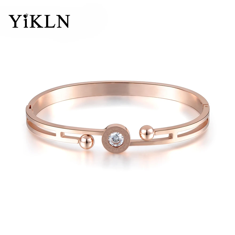 

YiKLN Luxury Cubic Zirconia Roman Number Wedding Cuff Bangles For Women Stainless Steel Double Beads Charm Bracelets YB17021