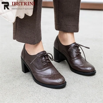 

RIBETRINI Brand Design Genuine Cow Leather Brogue Shoes Woman Flats Female Lace Up Chunky High Heels Flats Woman Shoes Footwear