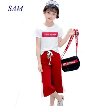 

2019 new children's clothing sets girls printed short-sleeved t shirt + knitted wide leg pants 2 pcs suit big kids clothes