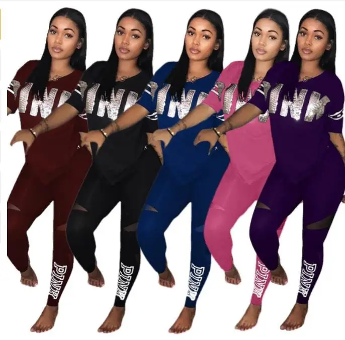 

Pink Letter Print Tracksuits Women Two Piece Set 2018 Spring Plus Size T-Shirt Top And Pants Set Suits Casual Bodcon 2 Piece Set