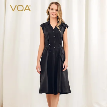 

VOA black silk long section double elastic band design thin section breathable sleeveless dress A10320