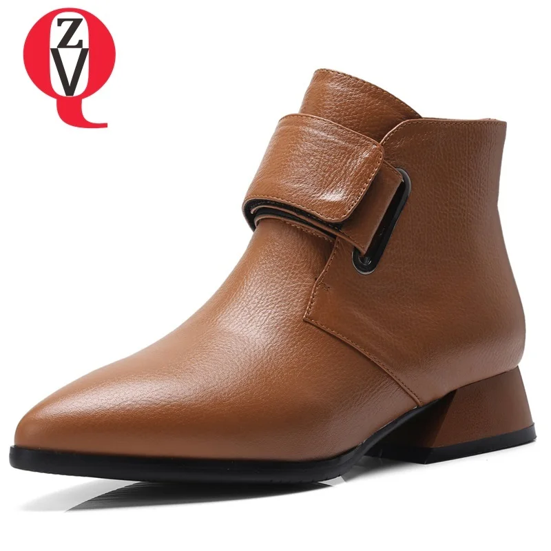 

ZVQ new high quality genuine leather ankle boots fashion pointed toe low square heel hook and loop black and brown women shoes