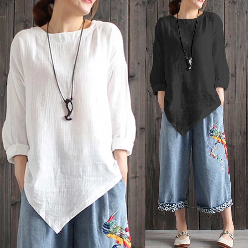 

Celmia Women Vintage Cotton Blouses 2019 Autumn Long Sleeve Plus Size Shirts Asymmetric Tops Casual Loose Blusas Camisa Feminina