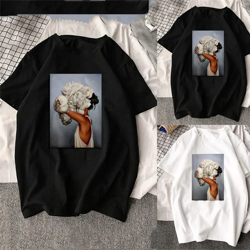 New Women Girls Clothes Summer Plus Size Feather Printed Tees T-shirt Short Sleeve Vintage Classic T-Shirts Top Tee Tops #4R02 (1)