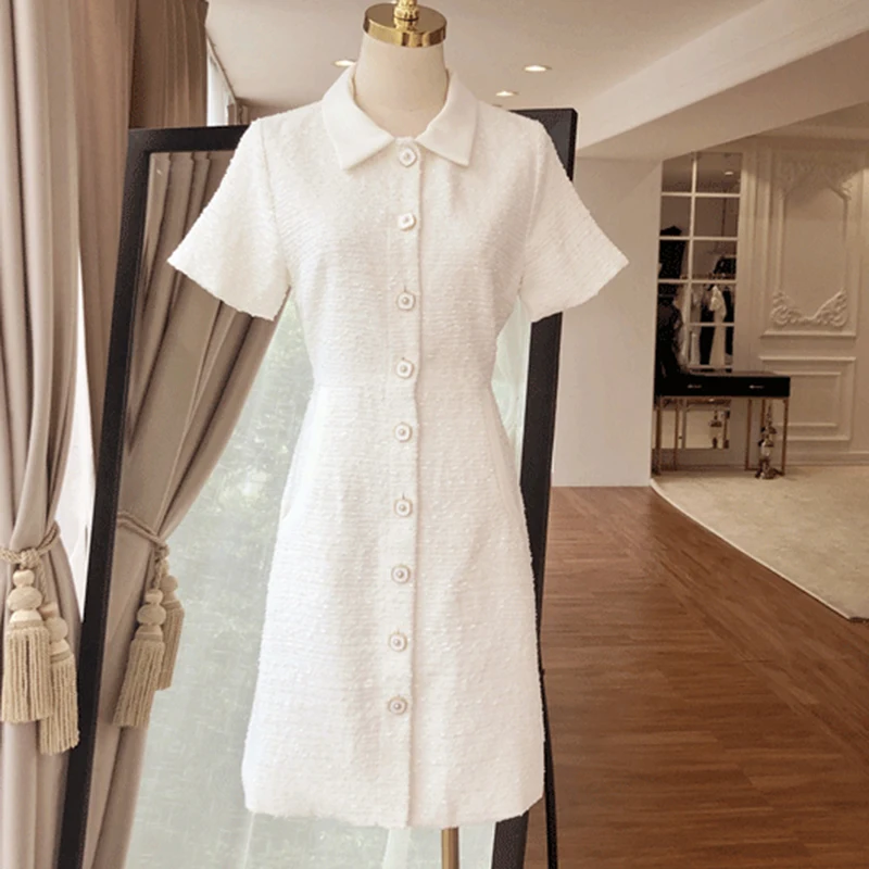 HIGH QUALITY Newest 2020 Designer Runway Dress Women's Short Sleeve Buttons Tweed | Женская одежда