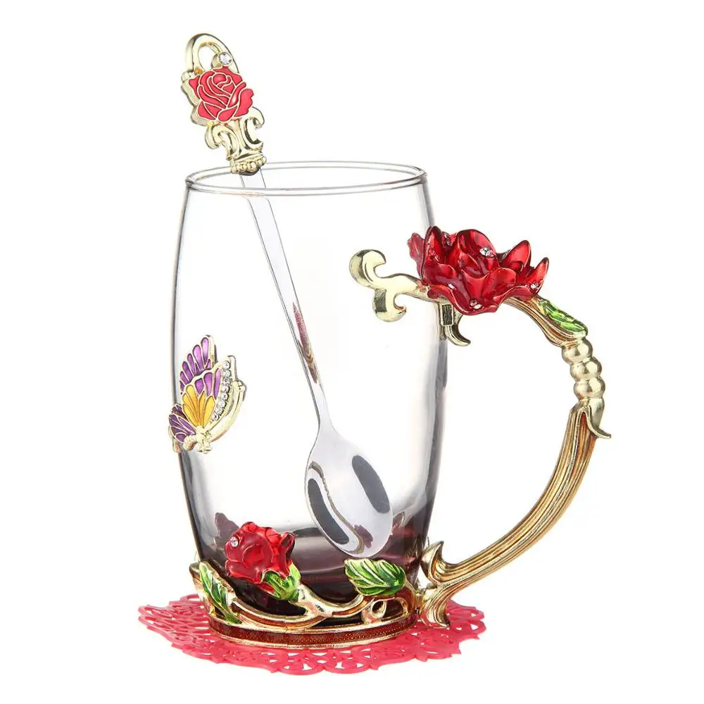 Красная синяя Роза Эмаль Кристалл чайная чашка кофейная кружка бабочка Роза Окрашенные цветок воды чашки прозрачное стекло с ложкой набор идеальный подарок - Цвет: Red Short