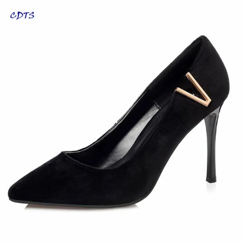 

CDTS ladies Stilettos Fashion 2017 Pointed Toe Metal V wedding shoes 9cm Thin High-heeled Suede Pumps Girl's sapato feminino