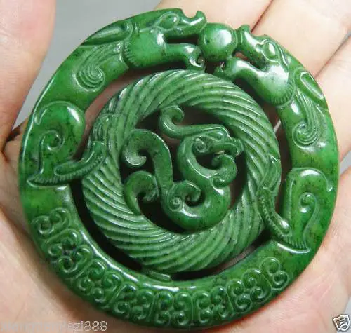 CHINESE OLD HANDWORK GREEN JADE CARVED DRAGON PENDANT A-in Statues