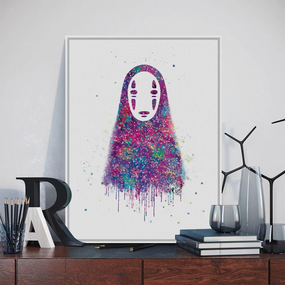 

Original Watercolor No Face Japanese Hayao Miyazaki Anime Art Print Poster Abstract Wall Picture Canvas Painting Kids Room Decor
