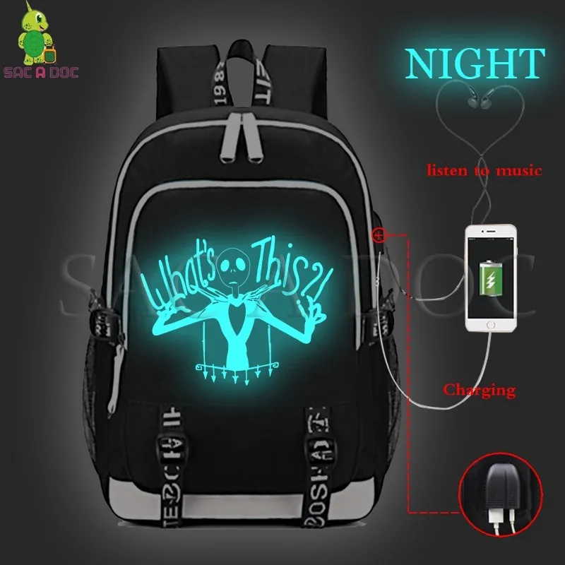

The Nightmare Before Christmas Jack Luminous Backpack Women Men Multifunction USB Charging Laptop Backpack School Travel Bags