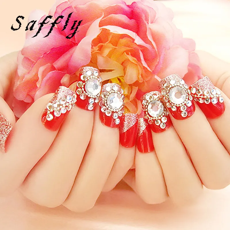 

Saffly Fashion with 3D Diamonds False Nail 24pcs red and silvery Nail Tips Square head French Fake Nail Tips for Bride wedding