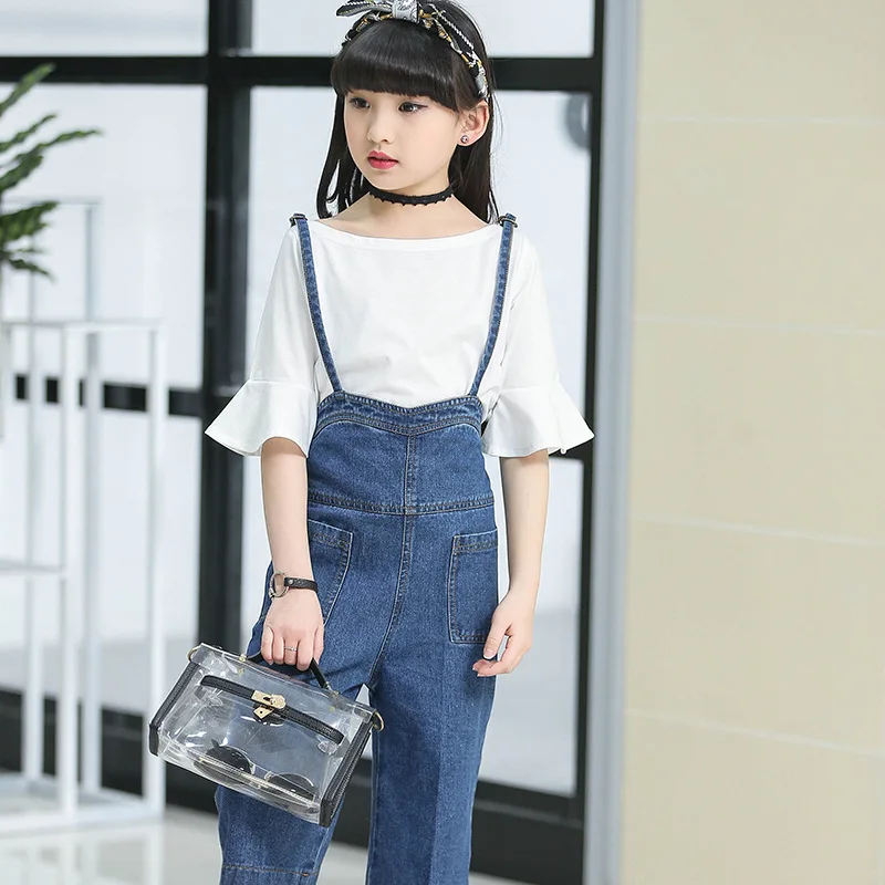 

5-12yrs Teen Girls Clothing Set Short-sleeve White Color T shirt + Denim Overalls 2 pieces /set Fashion Girls Summer Set