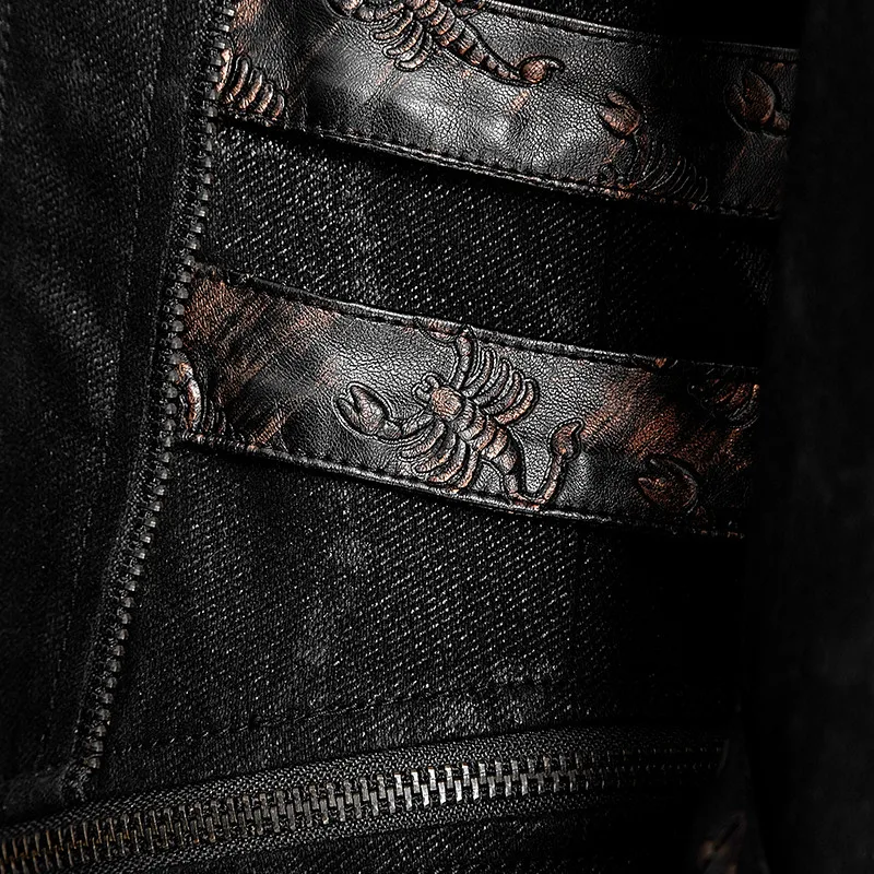 Панк Рейв черный стрейч-саржевая ткань пальто с календарем Скорпион кожа и Съемный шляпа Y-364
