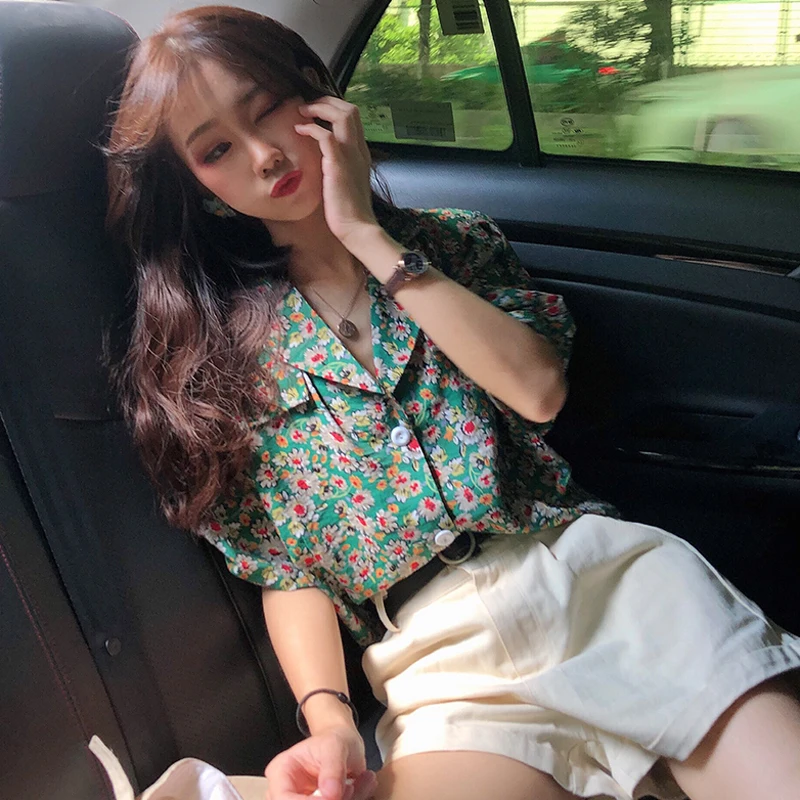 

Retro Print Dress Summer Turn-down Collar Korean High Quality Shirt for Woman Tops Vintage Designer Blouses Moda Mujer 2019 Ropa