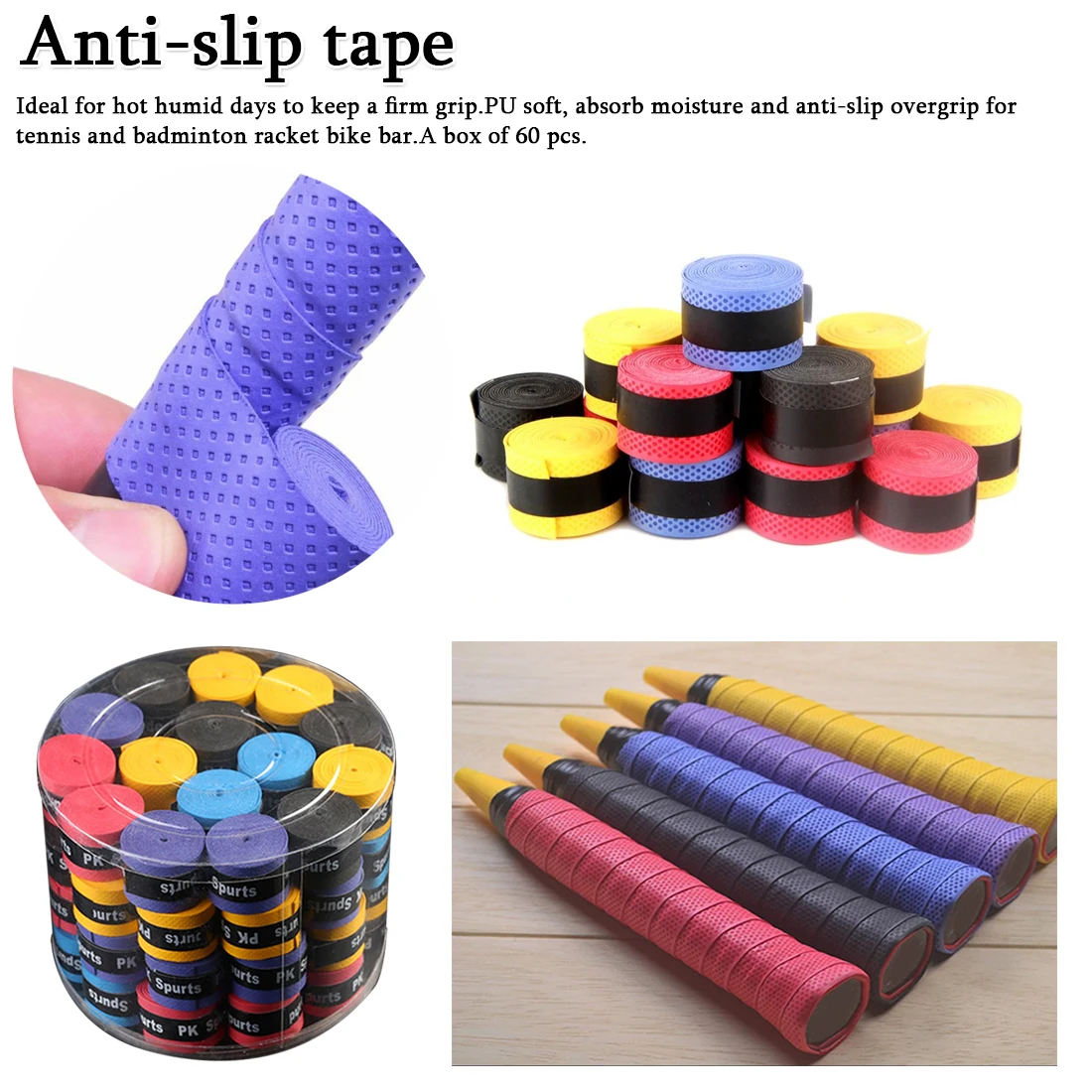 

Racket Wrap Belt 60pcs Replacement non-slip tennis badminton squash racket tape grip anti-slip sweat absorption feel enhances