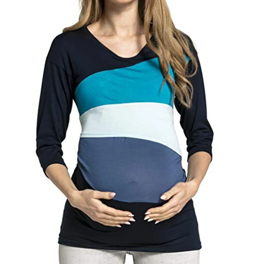 Для беременных Для женщин для беременных и кормящих Обёрточная бумага Топы Цвет блок двойной Слои футболка одежда Хлопок Мода для беременных Топы