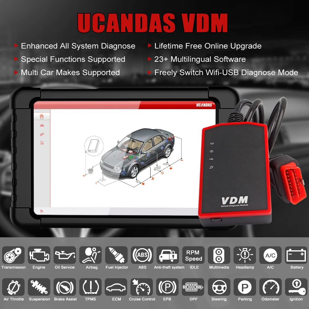 UCANDAS VDM Wifi OBD2 Автомобильный сканер полная система авто диагностический инструмент Многоязычный сканер с 11 дюймовым Windows планшетом