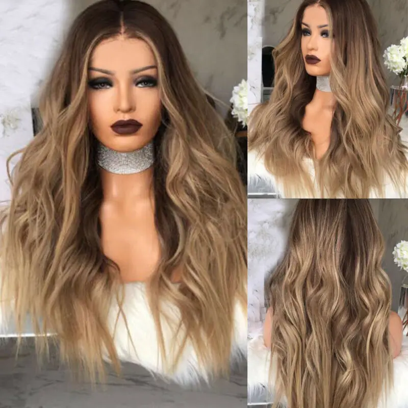 

Women Fashion Synthetic Hair Lace Front Wig Body Wavy Full Wigs Ombre Brown