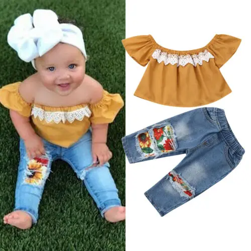 Топы с открытыми плечами для маленьких девочек, футболка с короткими рукавами+ штаны с цветочным принтом, джинсовые наряды, комплект одежды, лето