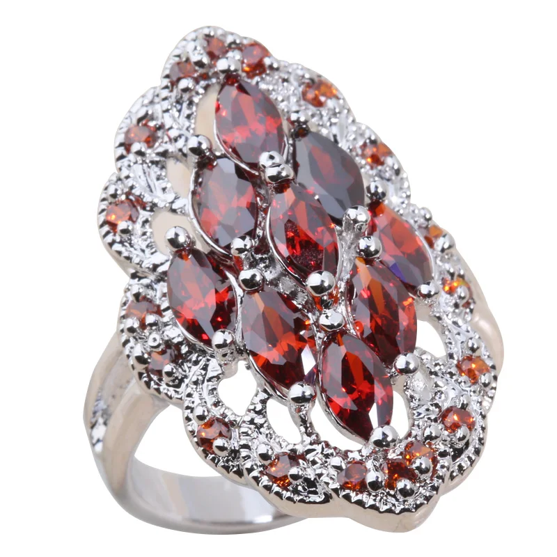 

Flower Red Garnet 925 Sterling Silver Jewelry Trendy For Women Ring Size 6 / 7 / 8 / 9 K0562