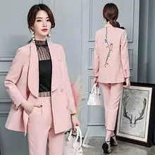 2018 spring autumn new fashion temperament women’s leisure two-piece sets flower embroidery female party sets blazer pants suit