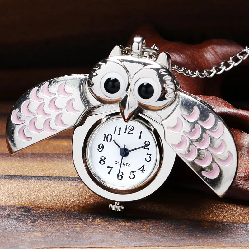 Элегантный серебряный и розовый дизайн сова кварцевые карманные часы Подвеска на свитер ожерелье Fob часы для женщин девочек лучший подарок