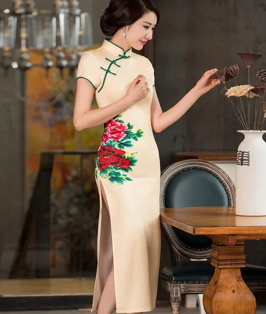 National Mandarin Collar Women Cheongsams Peony Print Chinese Tradition