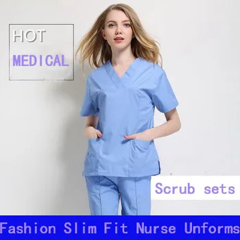 

Light Blue Short Sleeve Women/Men Medical Scrub Sets Hospital Doctors Surgical Clothes Scrub Cloth Dental Clinic Nurse Uniform