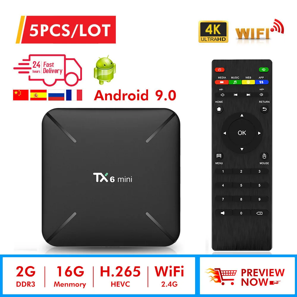  5pcs TX6 mini Smart TV Box android 9.0 Allwinner H6 2G+16G 2.4GHz WiFi Support 4K H.265 TV Receiver