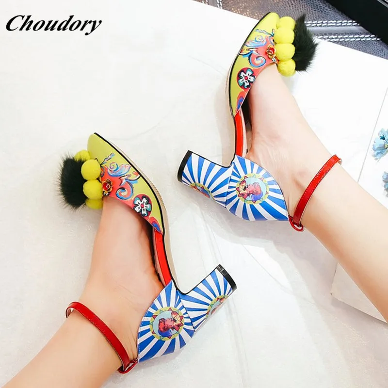 

Choudory Bohemia Color Style Chunky Heel Shoes Woman Female Buckle Strap Prom Wedding Shoes Fashion Hairball Studded Woman Pumps